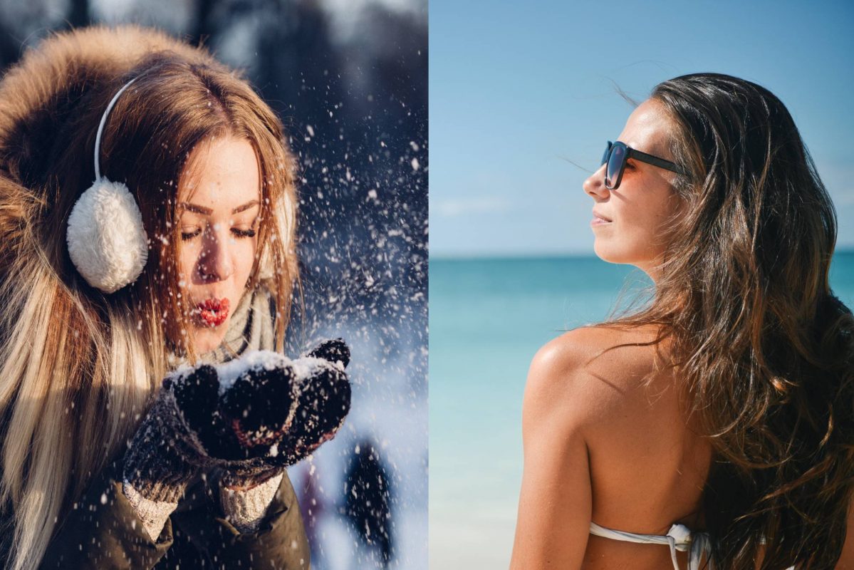 Imágenes de dos mujeres, una esta en la nieve y la otra se encuentra en la playa